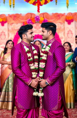 A heartwarming scene of two young men standing together in a traditional setting for an arranged marriage ceremony, both dressed in elegant, beautifully embroidered sherwanis in deep royal colors, surrounded by vivid floral decorations