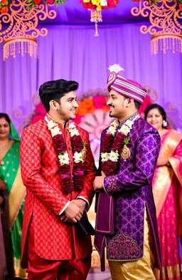 A heartwarming scene of two young men standing together in a traditional setting for an arranged marriage ceremony, both dressed in elegant, beautifully embroidered sherwanis in deep royal colors, surrounded by vivid floral decorations