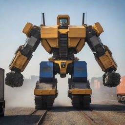 A colossal freight train morphing into a spectacular Transformer, unveiling a graceful combination of machine fluidity and brute force. The shipping containers flexibly form its bulk, the engine transforms to create the torso and head, while the extendable crane turns into weaponized arms