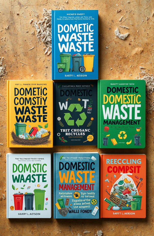 An artistic study featuring various book covers related to domestic waste management