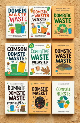 An artistic study featuring various book covers related to domestic waste management