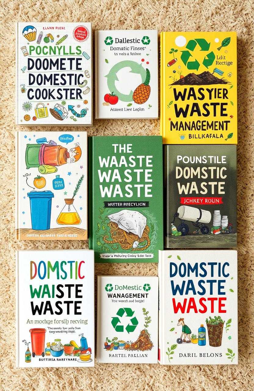 An artistic study featuring various book covers related to domestic waste management