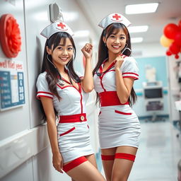 Two attractive Asian female nurses wearing sexy nurse costumes, with one leaning against a hospital wall and the other playfully posing with a stethoscope