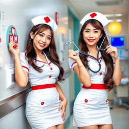 Two attractive Asian female nurses wearing sexy nurse costumes, with one leaning against a hospital wall and the other playfully posing with a stethoscope