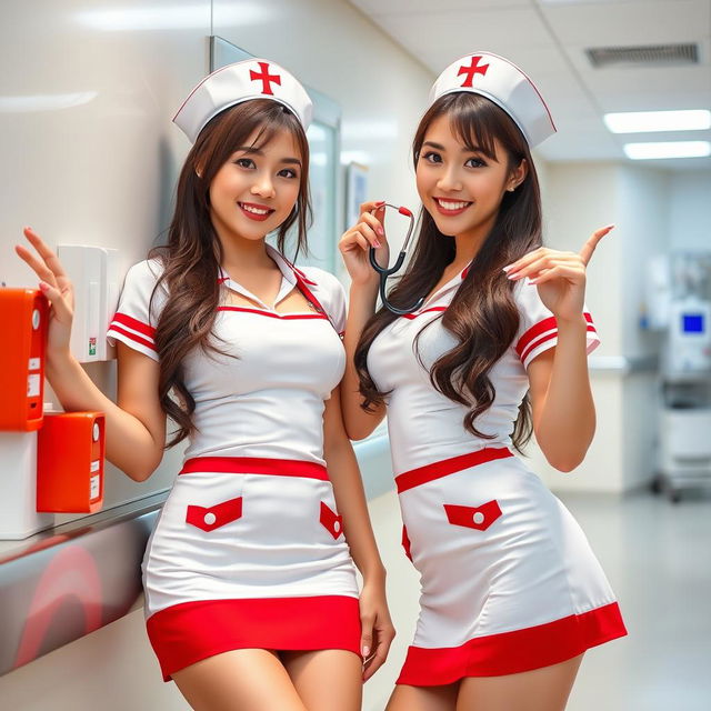 Two attractive Asian female nurses wearing sexy nurse costumes, with one leaning against a hospital wall and the other playfully posing with a stethoscope