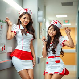 Two attractive Asian female nurses wearing sexy nurse costumes, with one leaning against a hospital wall and the other playfully posing with a stethoscope