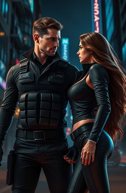 A dynamic and romantic scene depicting two secret agents in a tense yet passionate moment