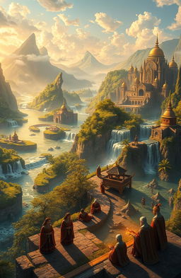 An expansive, mystical landscape representing a hidden empire, showcasing grandiose architecture with intricate designs, lush greenery, and winding rivers