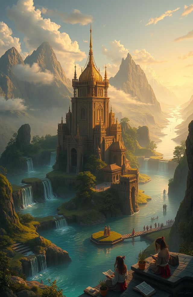 An expansive, mystical landscape representing a hidden empire, showcasing grandiose architecture with intricate designs, lush greenery, and winding rivers