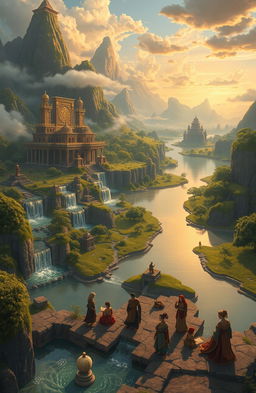 An expansive, mystical landscape representing a hidden empire, showcasing grandiose architecture with intricate designs, lush greenery, and winding rivers