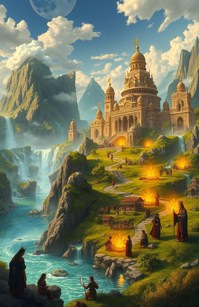 An expansive, mystical landscape representing a hidden empire, showcasing grandiose architecture with intricate designs, lush greenery, and winding rivers