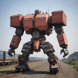 An impressive freight train transforming into a stunning Transformer, manifesting a balance of mechanical elegance and raw strength. The shipping containers form a strong, armored body, the locomotive becomes the torso and head, while the wheels and tracks turn into robust limbs