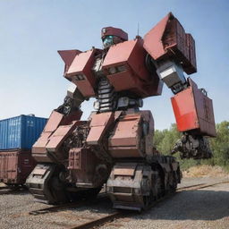 An impressive freight train transforming into a stunning Transformer, manifesting a balance of mechanical elegance and raw strength. The shipping containers form a strong, armored body, the locomotive becomes the torso and head, while the wheels and tracks turn into robust limbs