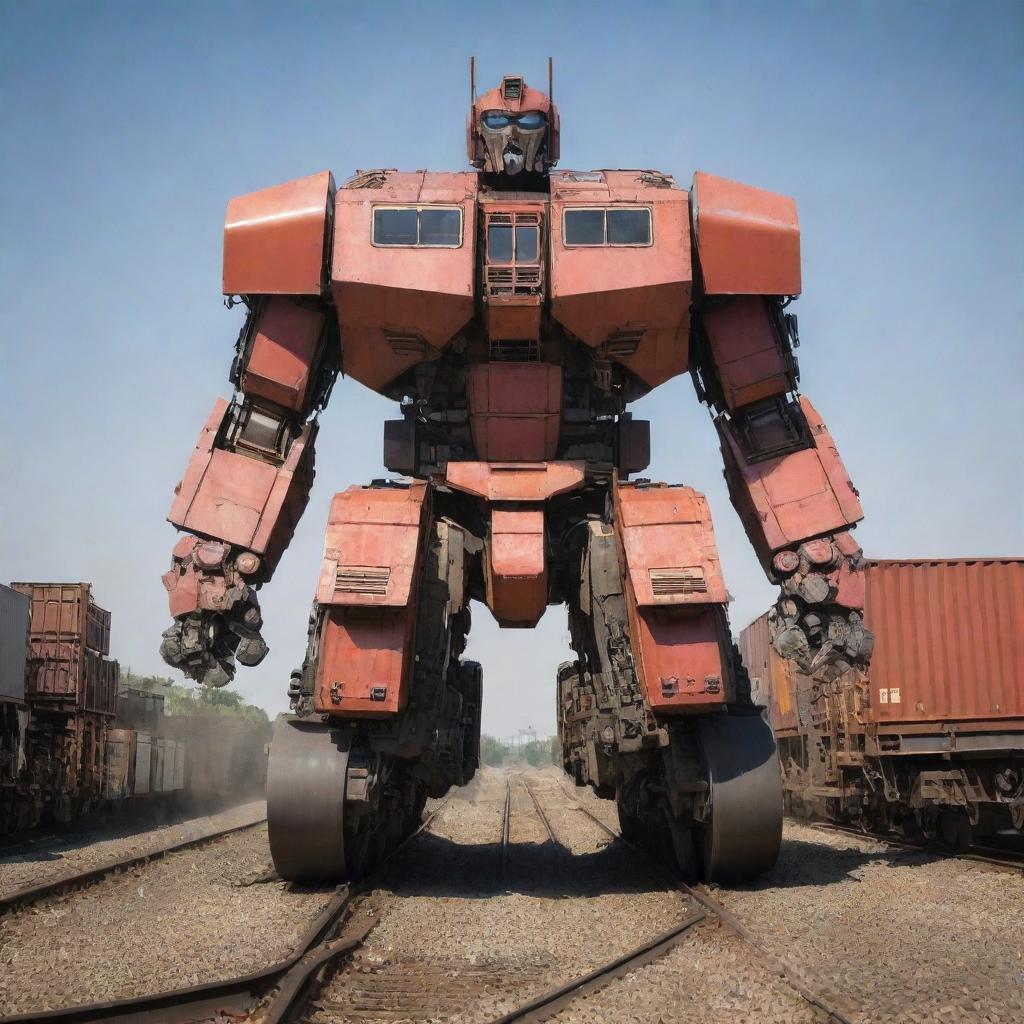 An impressive freight train transforming into a stunning Transformer, manifesting a balance of mechanical elegance and raw strength. The shipping containers form a strong, armored body, the locomotive becomes the torso and head, while the wheels and tracks turn into robust limbs