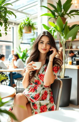 A stunningly beautiful and fashionable young woman sitting in a chic café, wearing a stylish summer dress adorned with vibrant floral patterns