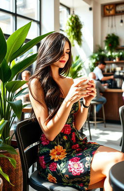 A stunningly beautiful and fashionable young woman sitting in a chic café, wearing a stylish summer dress adorned with vibrant floral patterns
