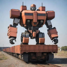 An impressive freight train transforming into a stunning Transformer, manifesting a balance of mechanical elegance and raw strength. The shipping containers form a strong, armored body, the locomotive becomes the torso and head, while the wheels and tracks turn into robust limbs