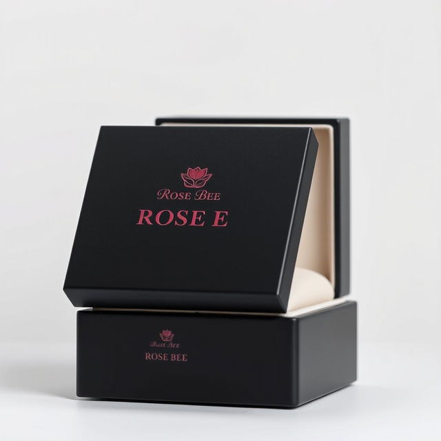 A luxurious black watch box featuring a rich burgundy logo elegantly embossed with the name 'ROSE BEE'