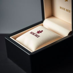 A luxurious black watch box featuring a rich burgundy logo elegantly embossed with the name 'ROSE BEE'