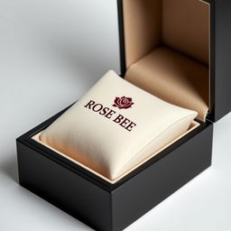 A luxurious black watch box featuring a rich burgundy logo elegantly embossed with the name 'ROSE BEE'
