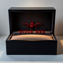 A luxurious black watch box featuring a striking burgundy logo with the name 'ROSE BEE' designed in a creative typography where the letters form the shape of a bee