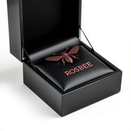 A luxurious black watch box featuring a striking burgundy logo with the name 'ROSE BEE' designed in a creative typography where the letters form the shape of a bee