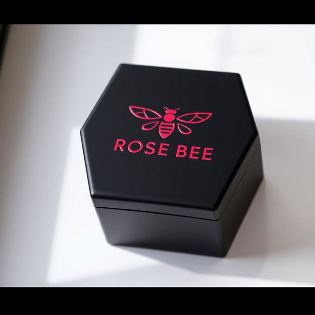 A luxurious black watch box featuring a striking burgundy logo with the name 'ROSE BEE' designed in a creative typography where the letters form the shape of a bee