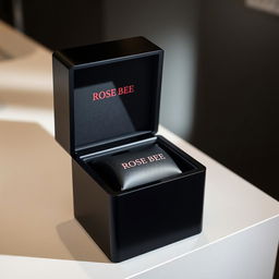 A luxurious black watch box featuring a striking burgundy logo with the name 'ROSE BEE' designed in a creative typography where the letters form the shape of a bee