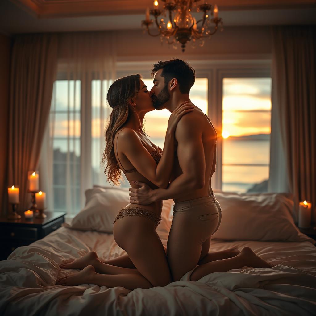 An intimate, romantic scene featuring a couple embracing in a softly lit, luxurious bedroom setting