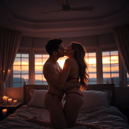 An intimate, romantic scene featuring a couple embracing in a softly lit, luxurious bedroom setting