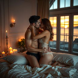 An intimate, romantic scene featuring a couple embracing in a softly lit, luxurious bedroom setting