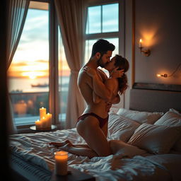 An intimate, romantic scene featuring a couple embracing in a softly lit, luxurious bedroom setting