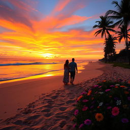 A vibrant, colorful sunset over a serene beach, with golden sand reflecting the last rays of sunlight, gentle waves lapping at the shore, and silhouettes of palm trees swaying in the evening breeze