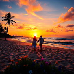 A vibrant, colorful sunset over a serene beach, with golden sand reflecting the last rays of sunlight, gentle waves lapping at the shore, and silhouettes of palm trees swaying in the evening breeze