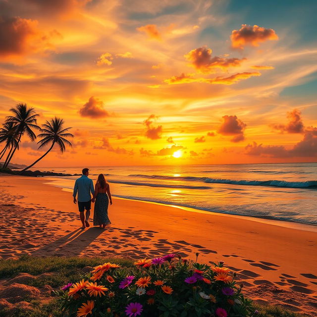 A vibrant, colorful sunset over a serene beach, with golden sand reflecting the last rays of sunlight, gentle waves lapping at the shore, and silhouettes of palm trees swaying in the evening breeze