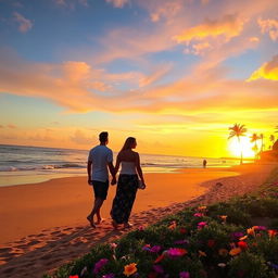 A vibrant, colorful sunset over a serene beach, with golden sand reflecting the last rays of sunlight, gentle waves lapping at the shore, and silhouettes of palm trees swaying in the evening breeze