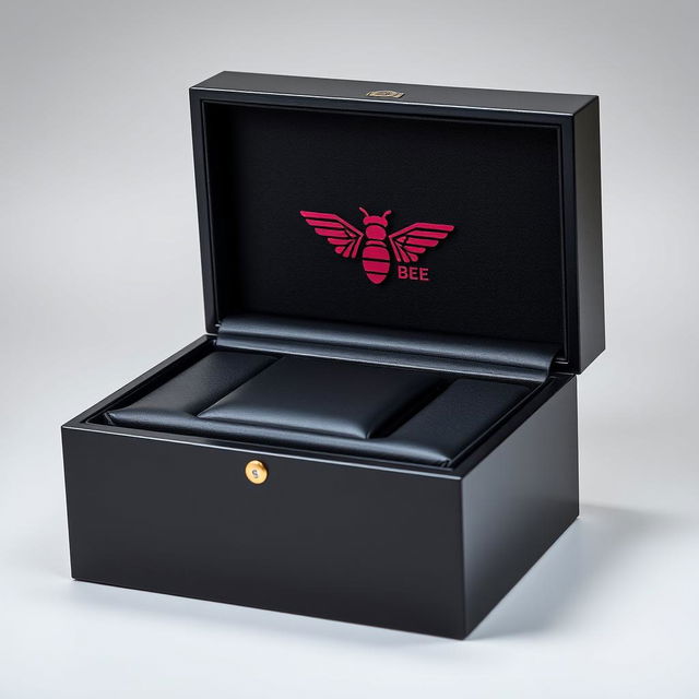 A luxurious black watch box featuring a striking burgundy logo with the name 'ROSE BEE' designed in a creative typography where the letters form the shape of a bee