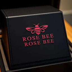 A luxurious black watch box featuring a striking burgundy logo with the name 'ROSE BEE' designed in a creative typography where the letters form the shape of a bee