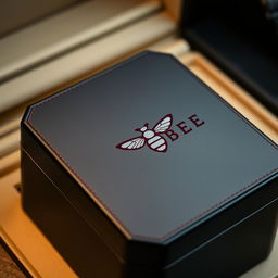 A luxurious black watch box featuring a striking burgundy logo with the name 'ROSE BEE' designed in a creative typography where the letters form the shape of a bee