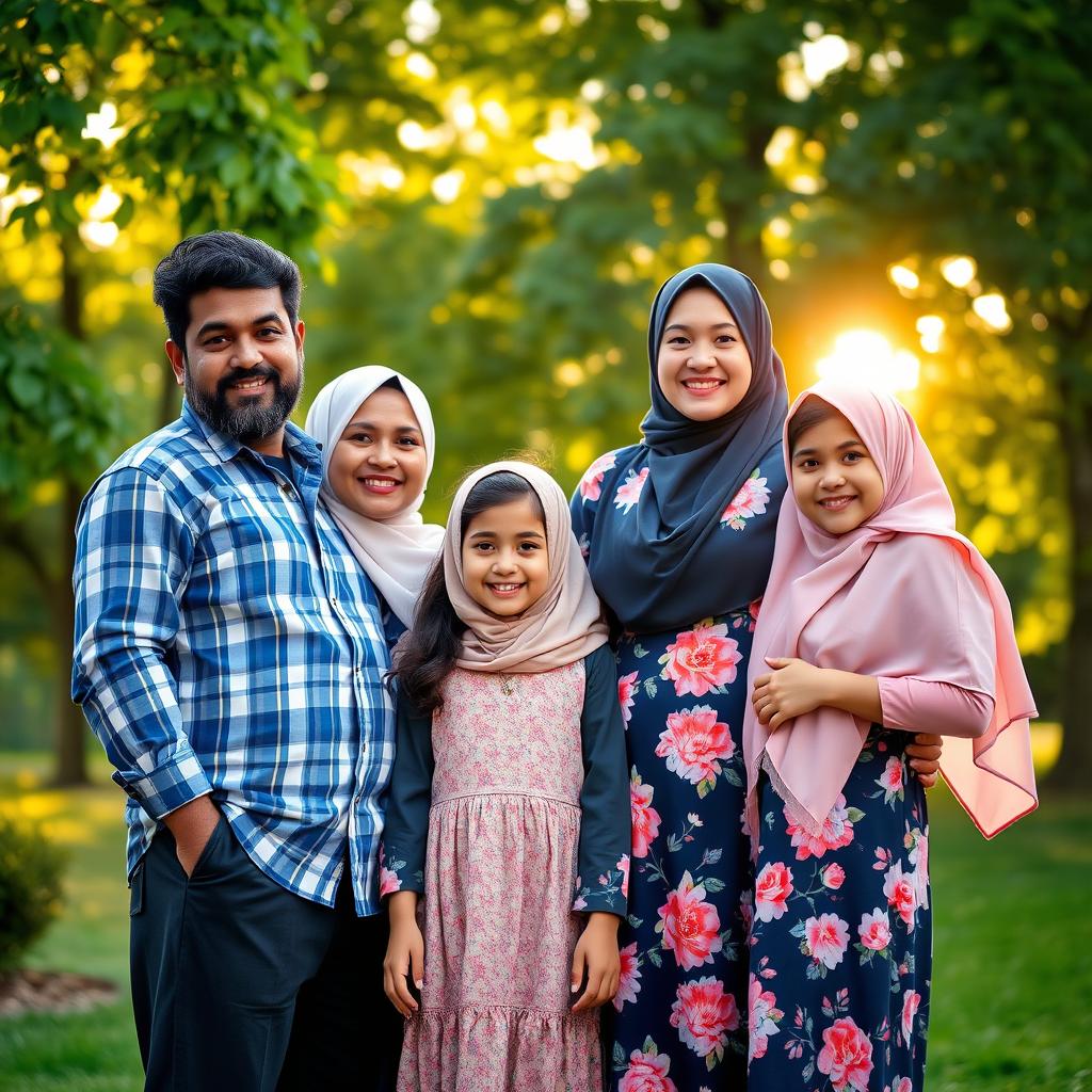 A loving family portrait featuring a diverse family of four wearing beautiful hijabs