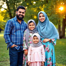 A loving family portrait featuring a diverse family of four wearing beautiful hijabs