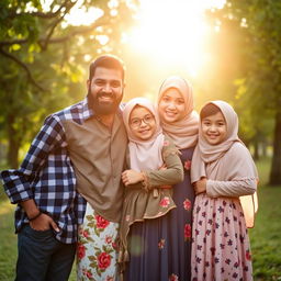 A loving family portrait featuring a diverse family of four wearing beautiful hijabs