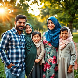 A loving family portrait featuring a diverse family of four wearing beautiful hijabs