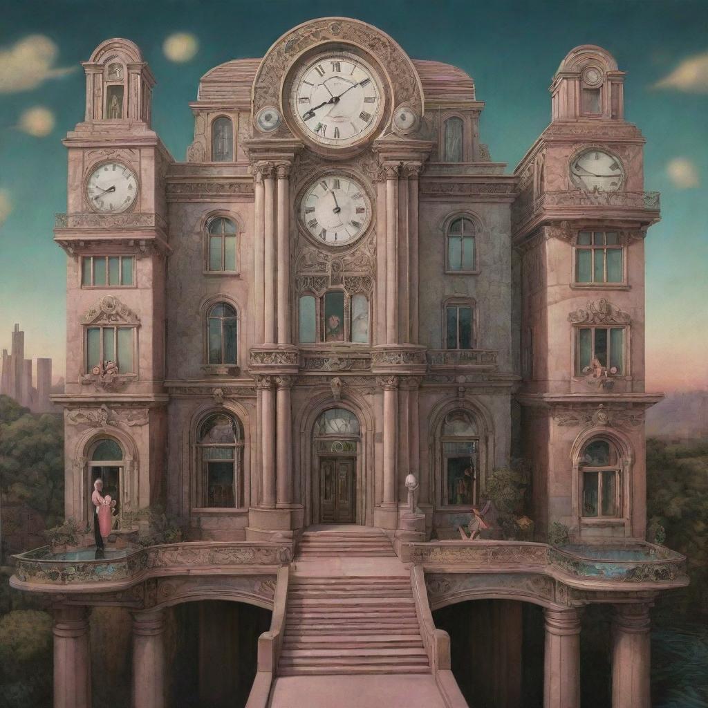 Create a 3D surrealistic Art Deco image with high details. The scene includes portions of an Art Deco mansion, abstract bridges to nowhere, overlaid elongated faces and clocks, and a large-eyed doll with clownish makeup - all in the style of Daniel Merriam.