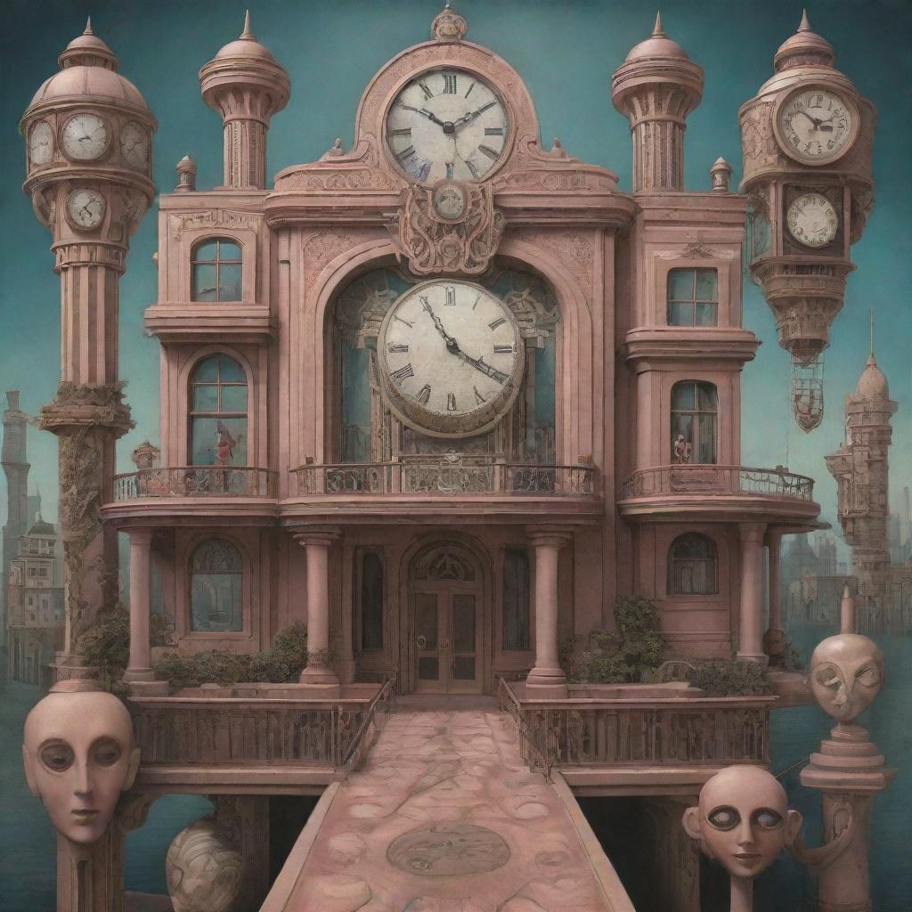 Create a 3D surrealistic Art Deco image with high details. The scene includes portions of an Art Deco mansion, abstract bridges to nowhere, overlaid elongated faces and clocks, and a large-eyed doll with clownish makeup - all in the style of Daniel Merriam.