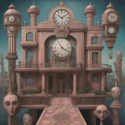 Create a 3D surrealistic Art Deco image with high details. The scene includes portions of an Art Deco mansion, abstract bridges to nowhere, overlaid elongated faces and clocks, and a large-eyed doll with clownish makeup - all in the style of Daniel Merriam.