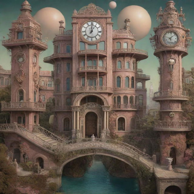 Create a 3D surrealistic Art Deco image with high details. The scene includes portions of an Art Deco mansion, abstract bridges to nowhere, overlaid elongated faces and clocks, and a large-eyed doll with clownish makeup - all in the style of Daniel Merriam.