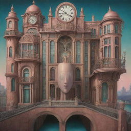 Create a 3D surrealistic Art Deco image with high details. The scene includes portions of an Art Deco mansion, abstract bridges to nowhere, overlaid elongated faces and clocks, and a large-eyed doll with clownish makeup - all in the style of Daniel Merriam.