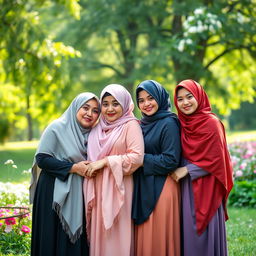 A serene family portrait featuring a group of adults wearing elegant hijabs in a beautiful natural setting