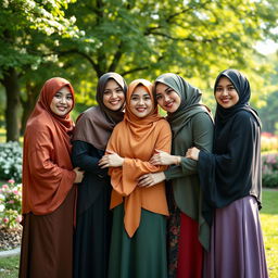 A serene family portrait featuring a group of adults wearing elegant hijabs in a beautiful natural setting
